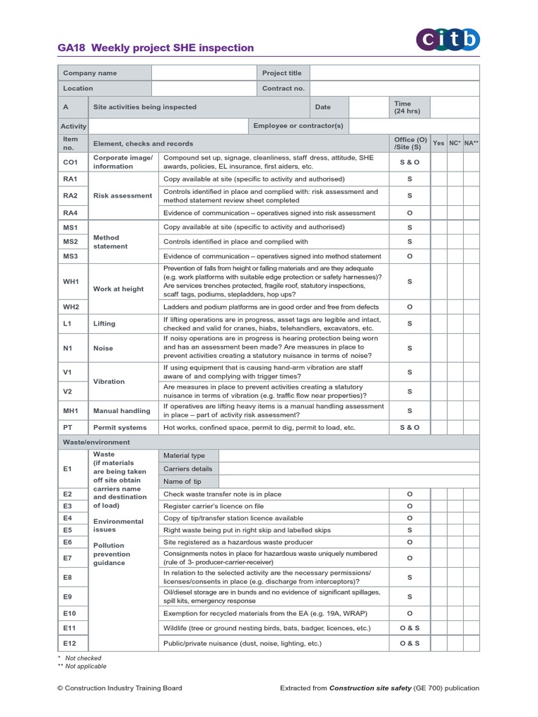 GA18 Weekly Project SHE Inspection: Yes NC NA | PDF | Risk Assessment ...