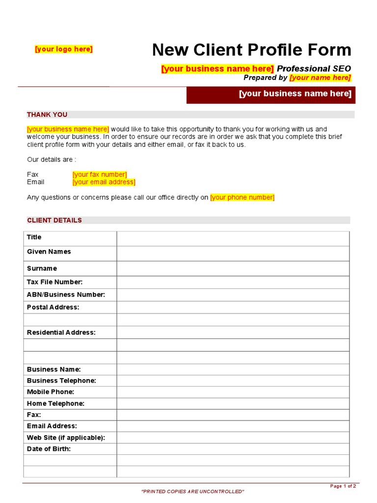 New Client Profile Form | PDF | Fax | World Wide Web