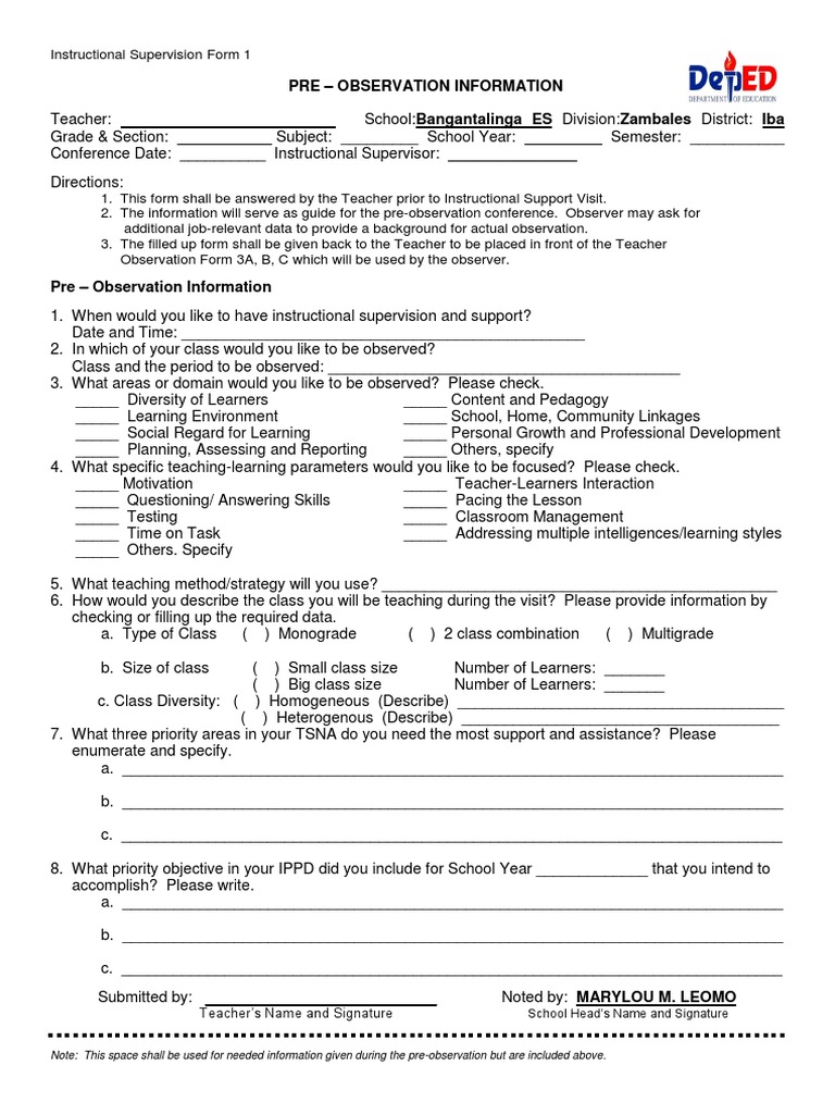 Pre-Observation Supervision Form | PDF | Teaching Method | Teachers