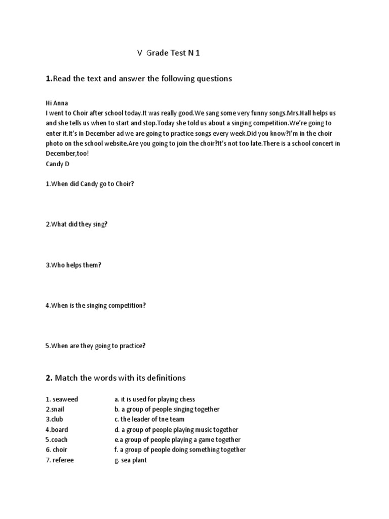1.read The Text and Answer The Following Questions: V Grade Test N 1 ...