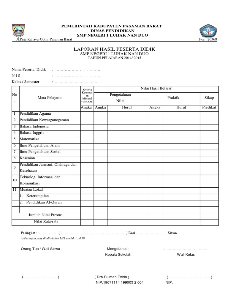 Contoh Rapor SMP Kurikulum Merdeka | PDF
