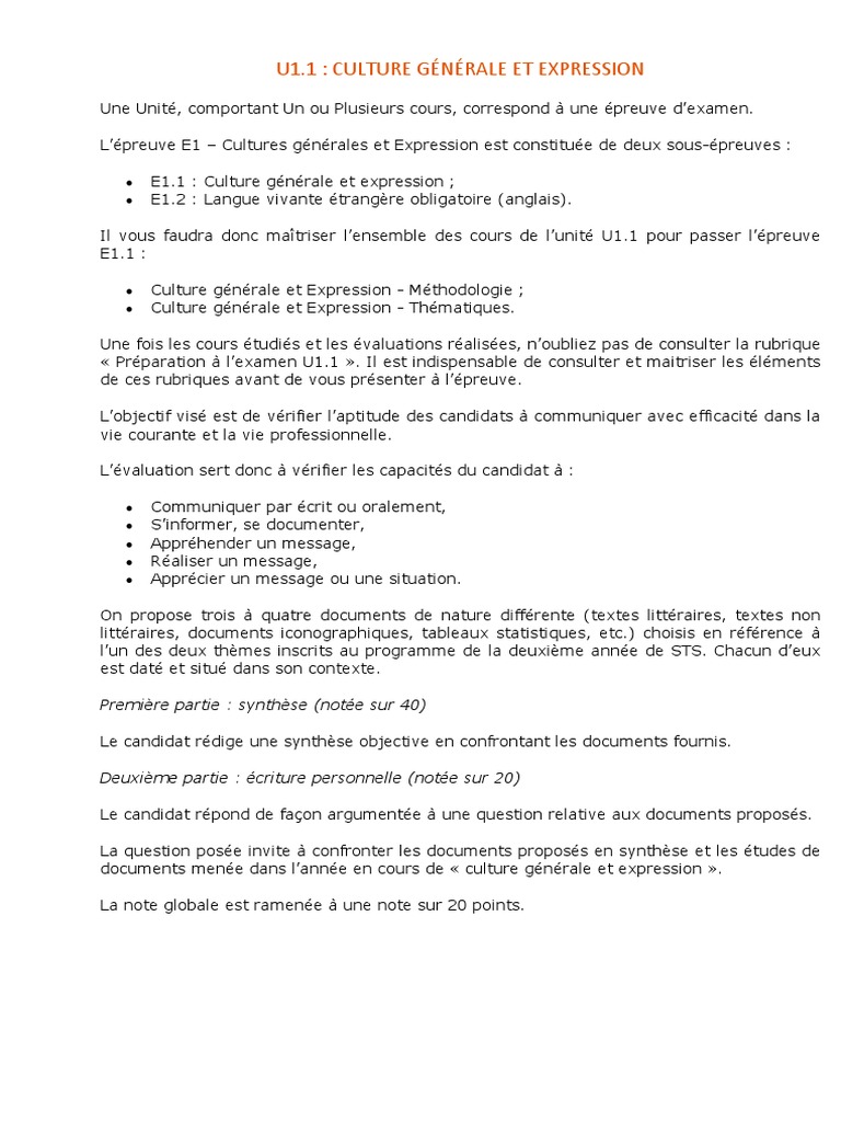 Corrigé Synthèse Culture Générale Bts Culture Generale Et Expresion Methodologie Presentation Du Cours | PDF