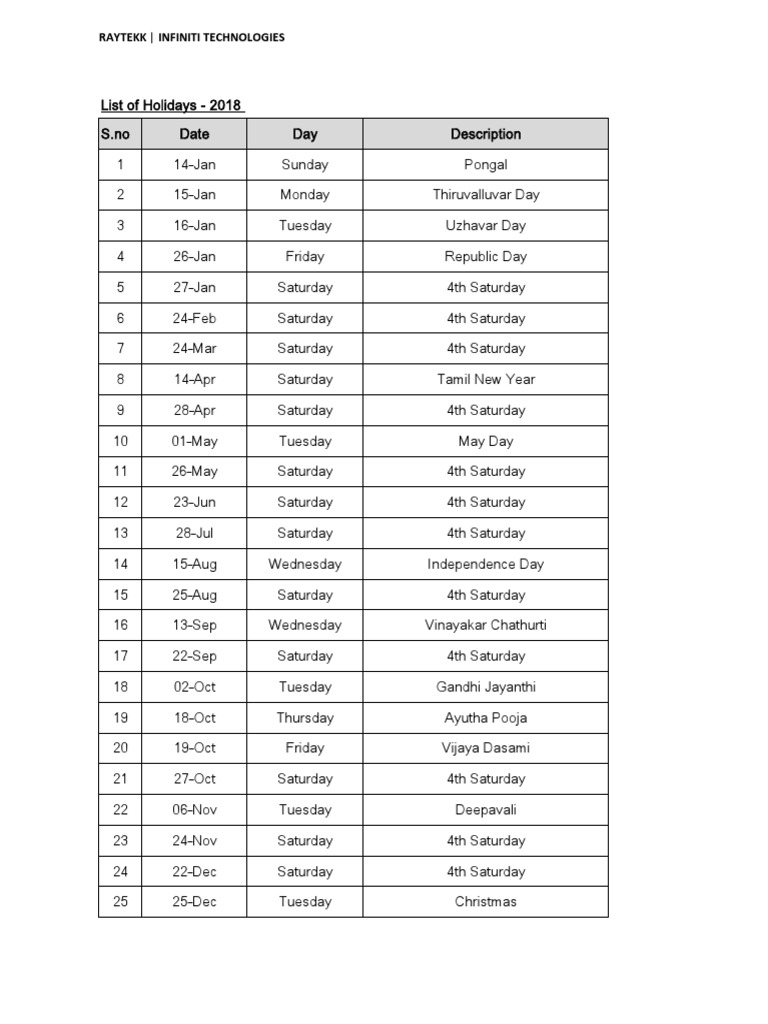 Holiday List 2018 A PDF PDF