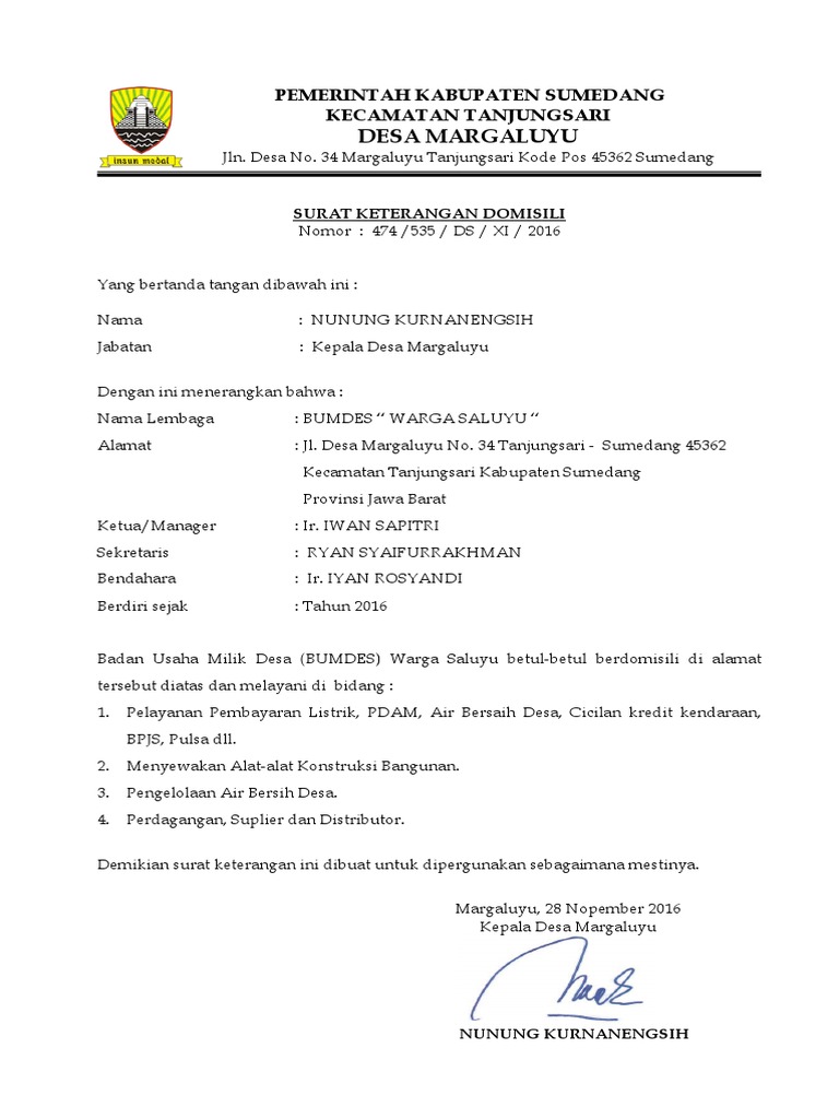Contoh Surat Keterangan Domisili Lembaga Dari Desa