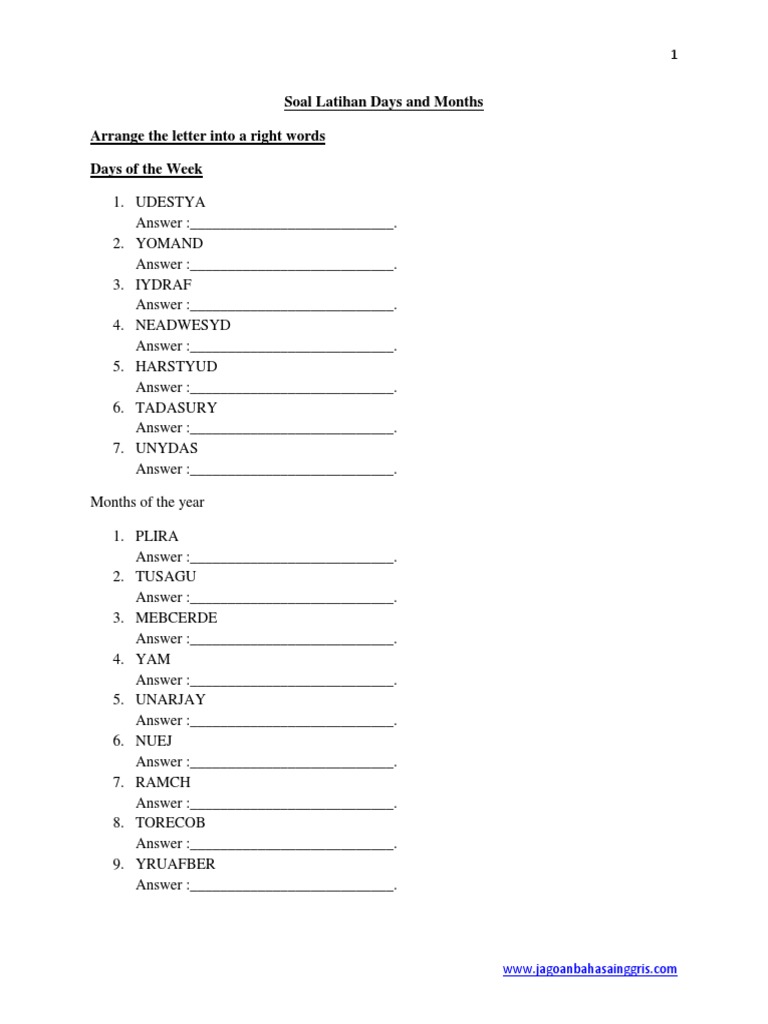Soal Latihan Days And Months Docx