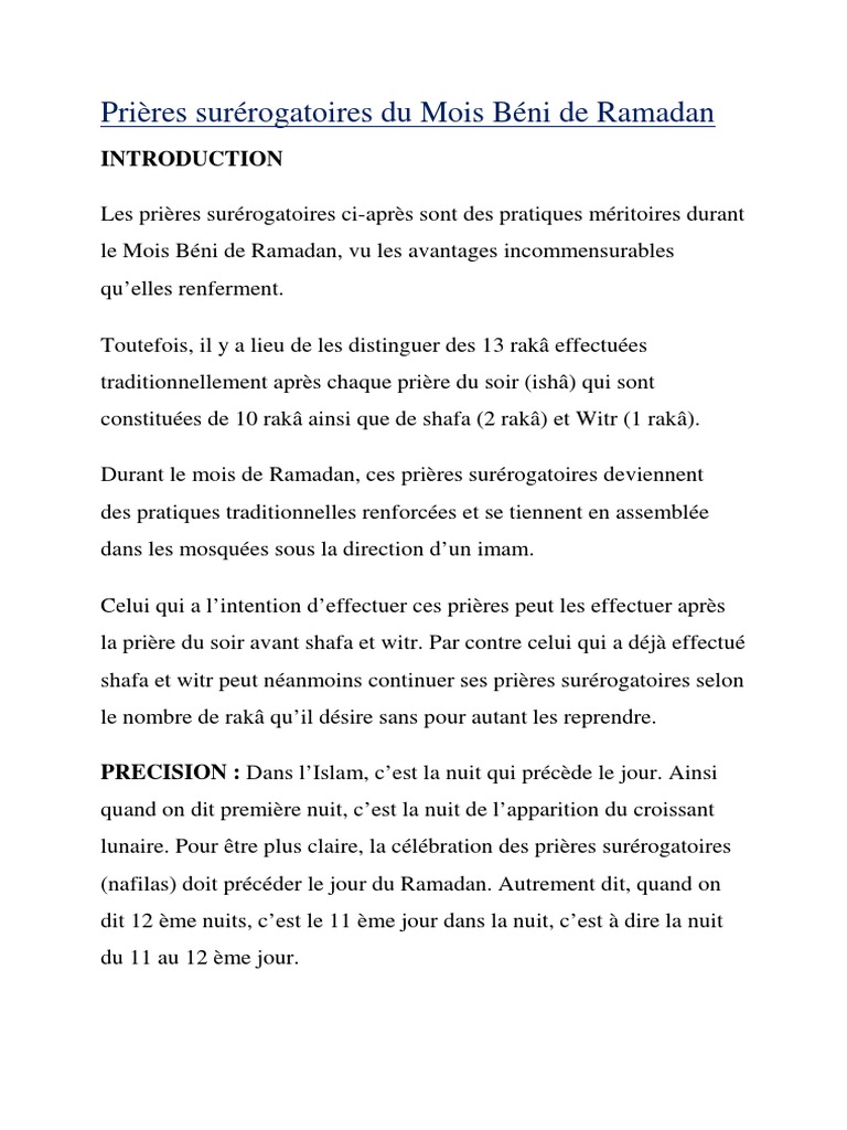 Prieres Surerogatoires Du Mois Beni De Ramadan Pdf Priere Allah