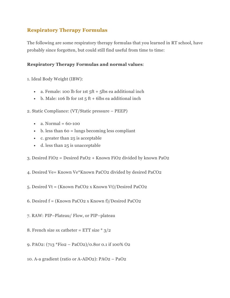 Respiratory Therapy Formulas Respiration Medical Specialties