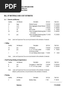 Bill of Materials and Cost Estimates (Sample) | PDF | Masonry 