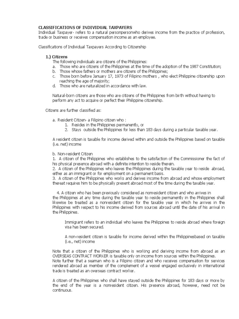 Classifications of Individual Taxpayers | PDF | Personal Exemption ...