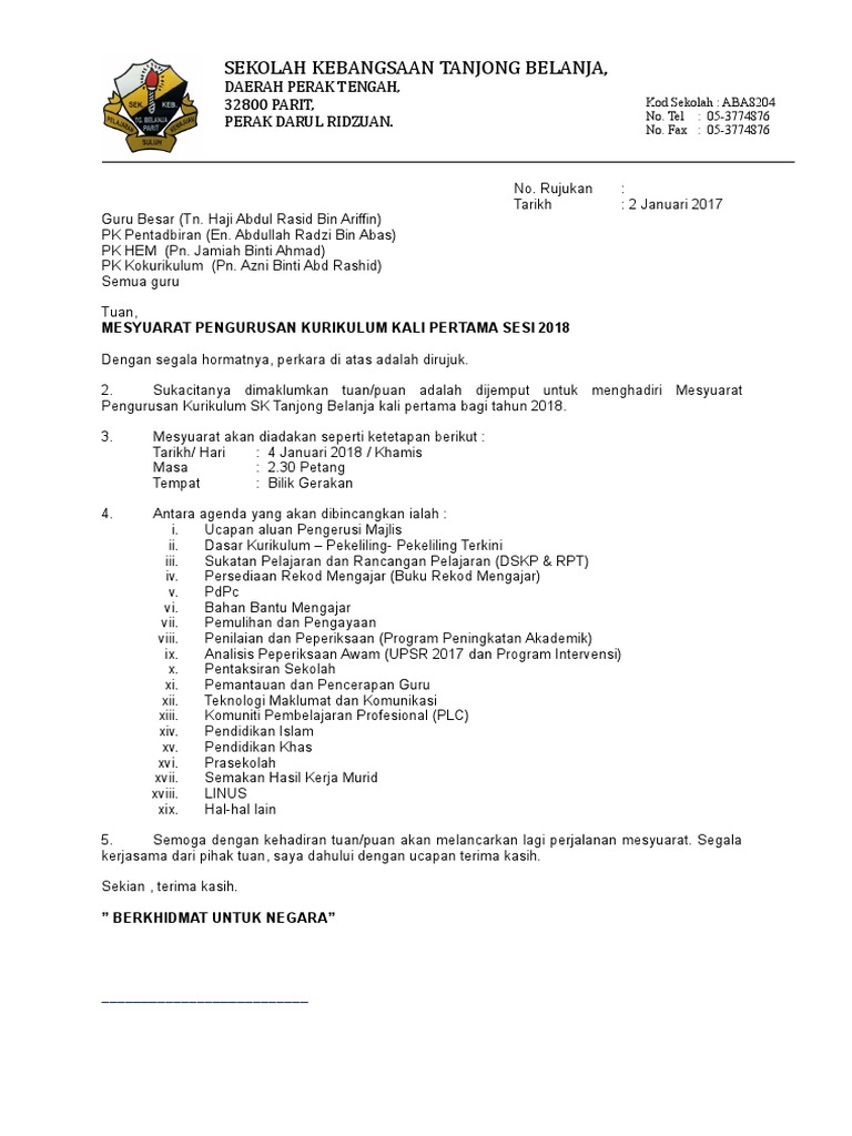 Contoh Surat Panggilan Mesyuarat Plc