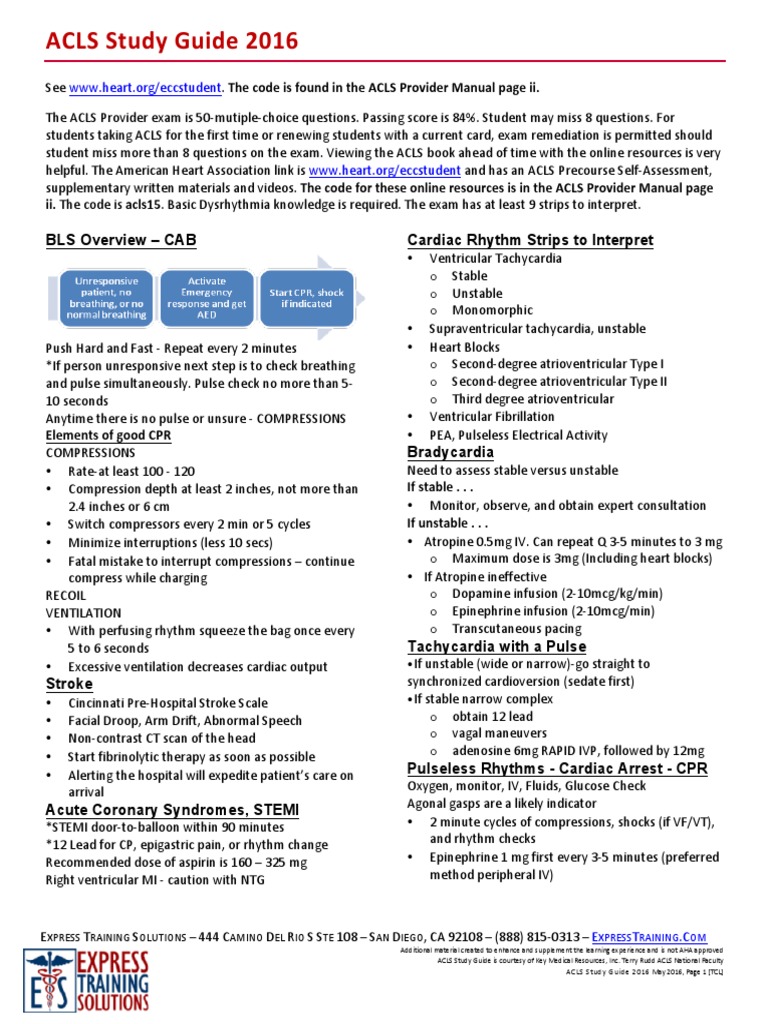Acls Study Guide 2016 Cardiopulmonary Resuscitation Cardiovascular System