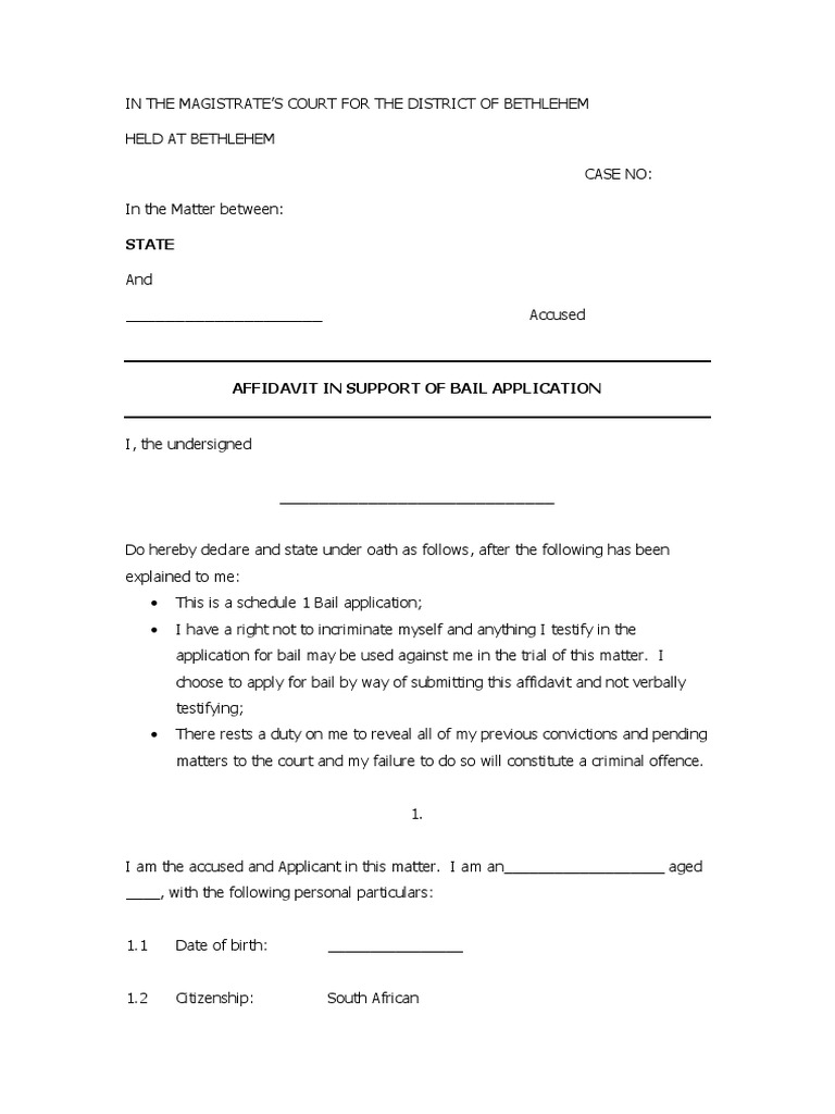 Bail Application Affidavit Template | PDF | Bail | Arrest