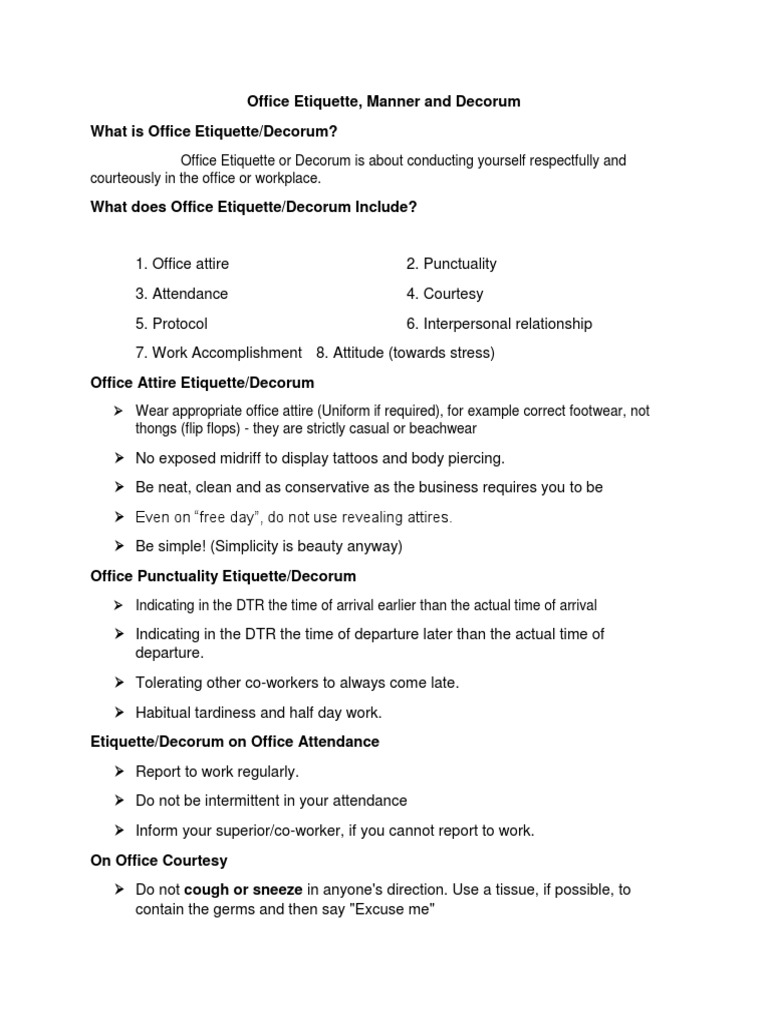 Office Decorum PDF Etiquette Behavioural Sciences