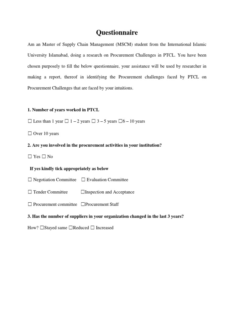 Questionnaire PDF Procurement Supply Chain