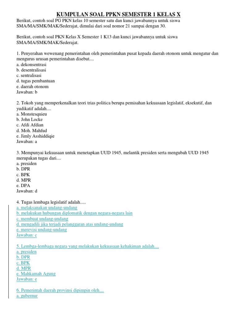 Kumpulan Soal Ppkn Semester 1 Kelas X