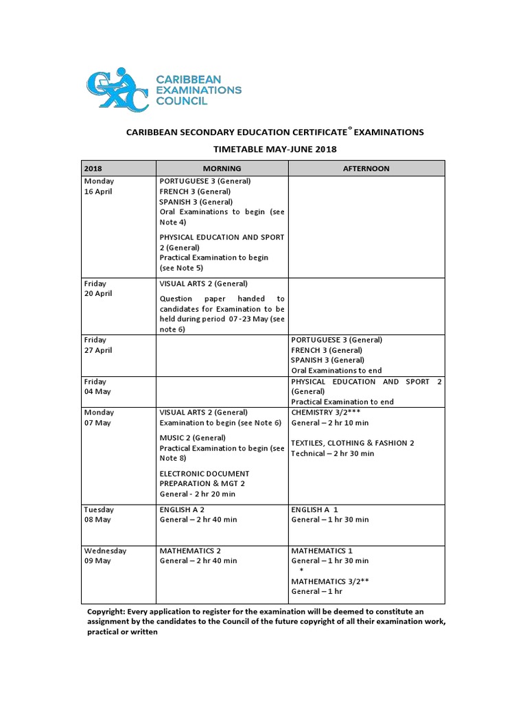 Timetable CSEC 2018 May June 2CSEC Timetable May June2018 | PDF | Test ...