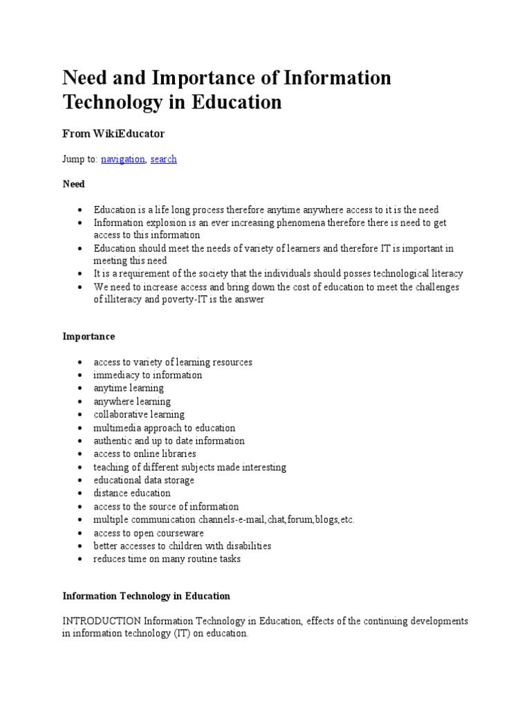 Need and Importance of Information Technology in Education | PDF
