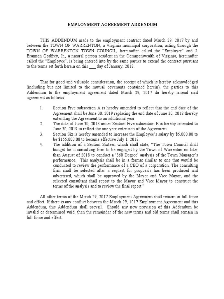 Employment Agreement Addendum 2018 | PDF | Virtue | Common Law