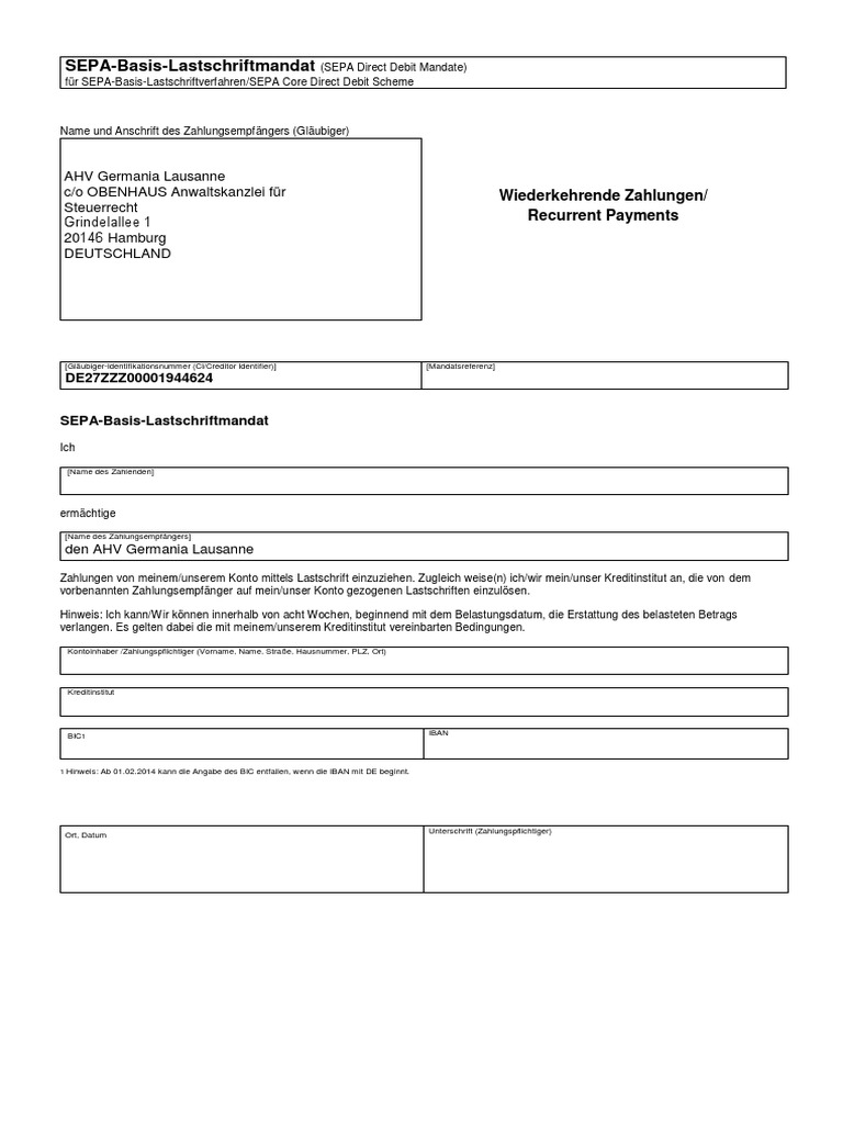 Sepa Basis Mandat Vordruck _ SEPA-Lastschriftmandat: Vorlage zum ...