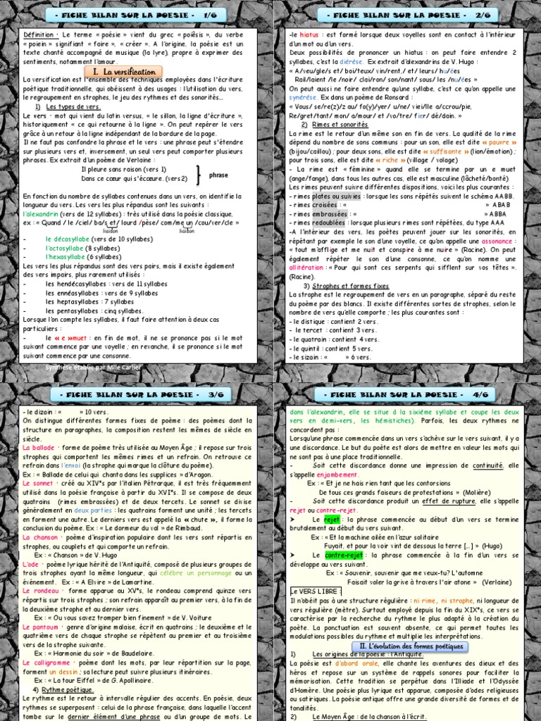 Fiche Révision Bac Français Pdf Fiche - Bilan.poesie BAC FRANCAIS | PDF | Rime dans la poésie | Poésie