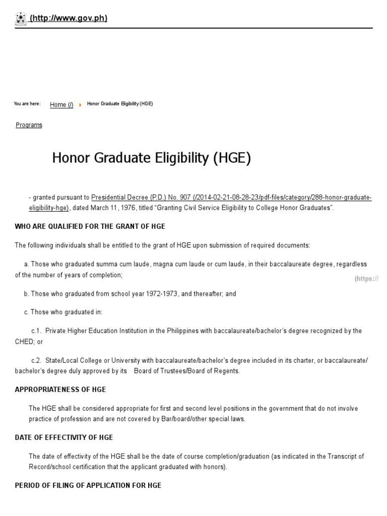 Honor Graduate Eligibility (HGE) Identity Document Government