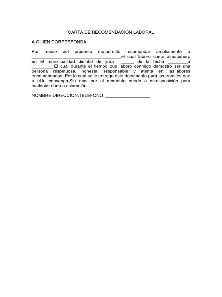 Carta de Recomendación Laboral