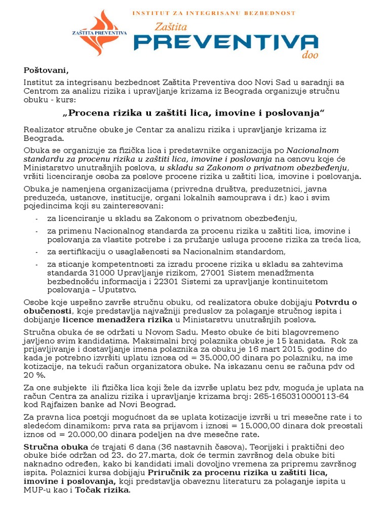Procena Rizika U Zastiti Lica Imovine I Poslovanja | PDF
