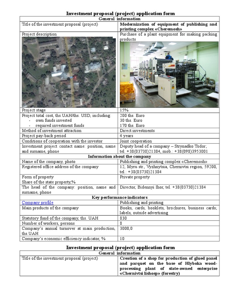 Investment Proposal (Project) Application Form: C Ompany Profile | PDF ...