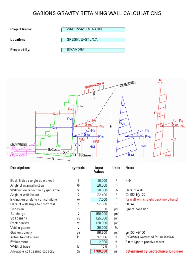 Gabion Gravity Wall Design Calculations | PDF | Slope | Mechanics