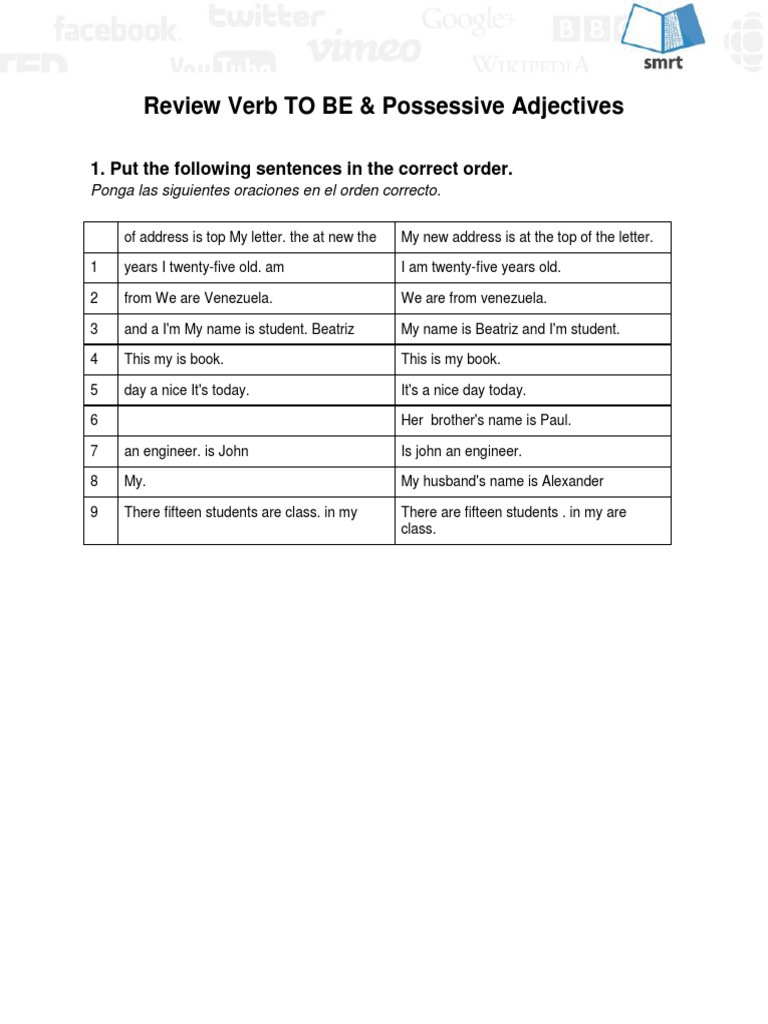 Verb To Be & Possessive Adjectives Review | PDF | Grammar | Semiotics