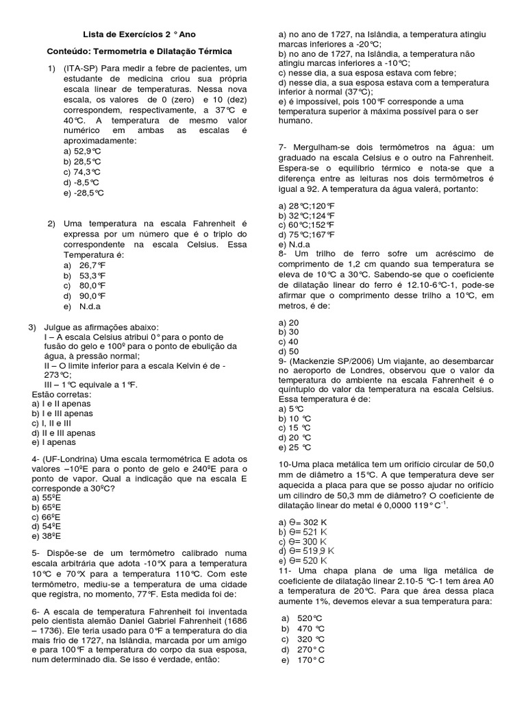 Exercícios de Termometria e Dilatação | PDF | Fahrenheit | Celsius