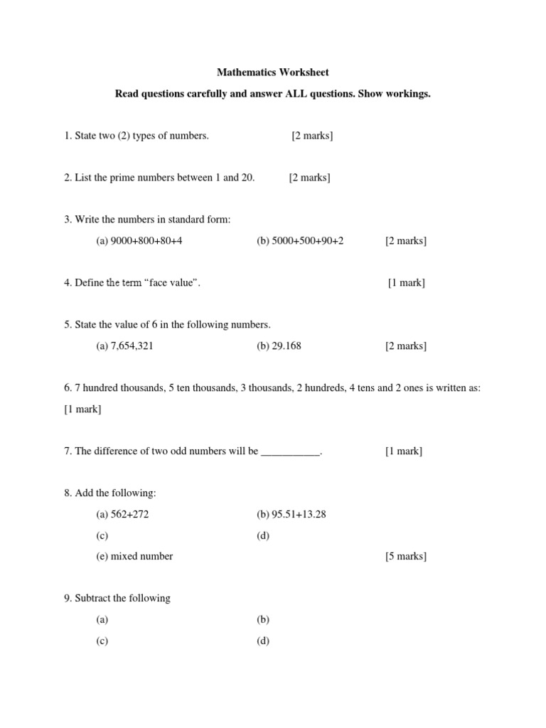 Mathematics Worksheet Read Questions Carefully and Answer ALL Questions ...
