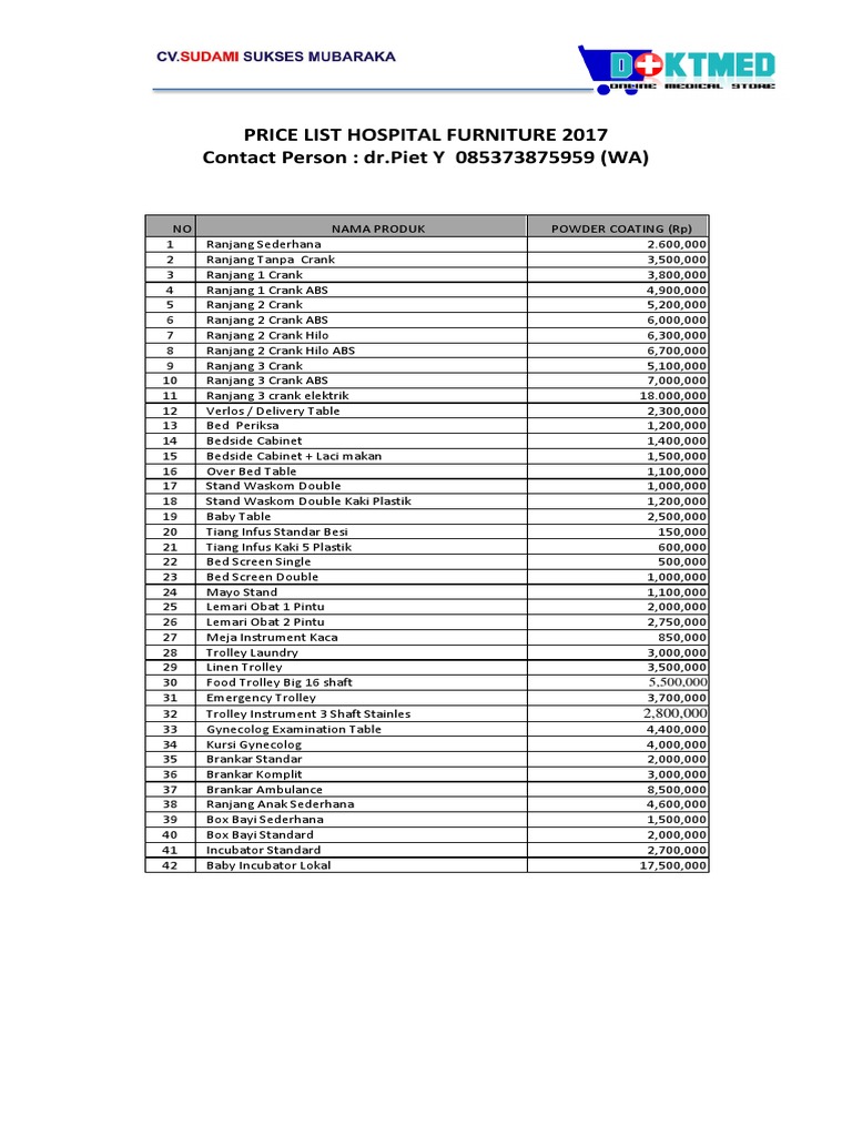 Price List Hospital Furniture PDF