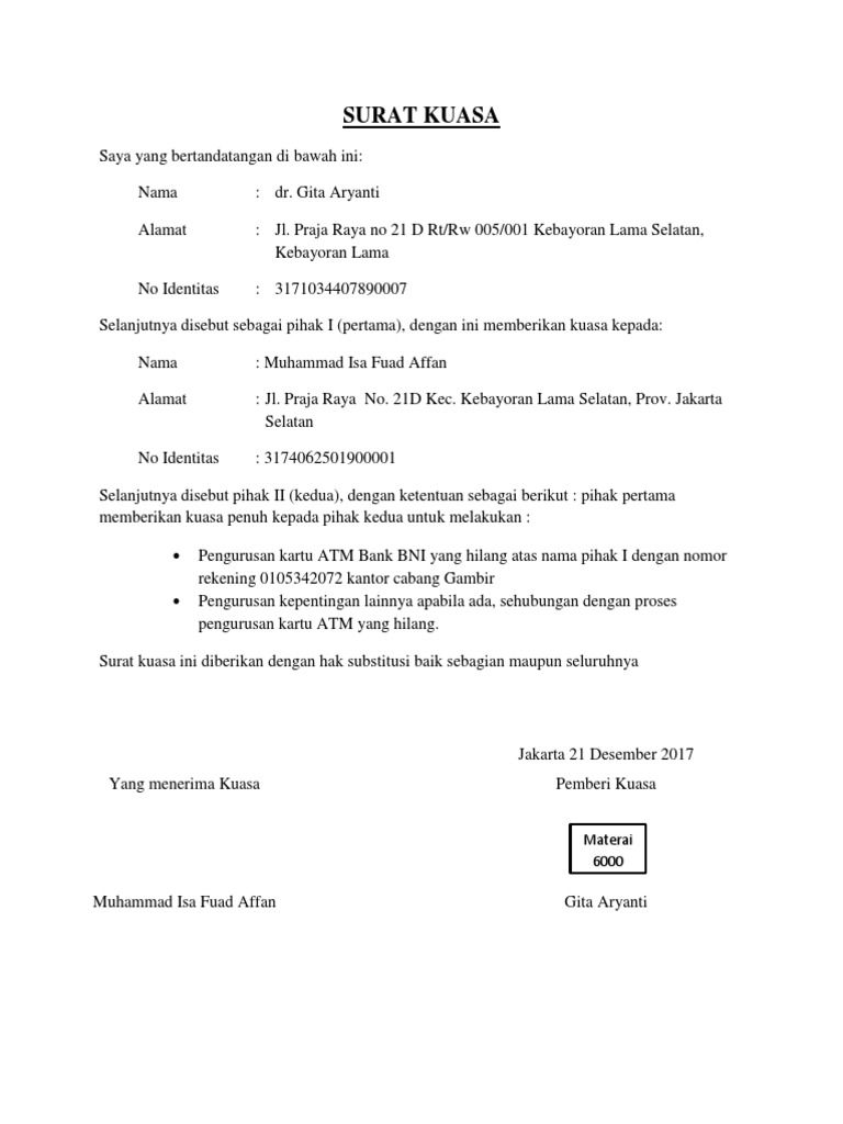  Surat kuasa perseorangan yaitu surat yang dibangun oleh seseorang terhadap orang lain yan Contoh Surat Kuasa Bank Bri