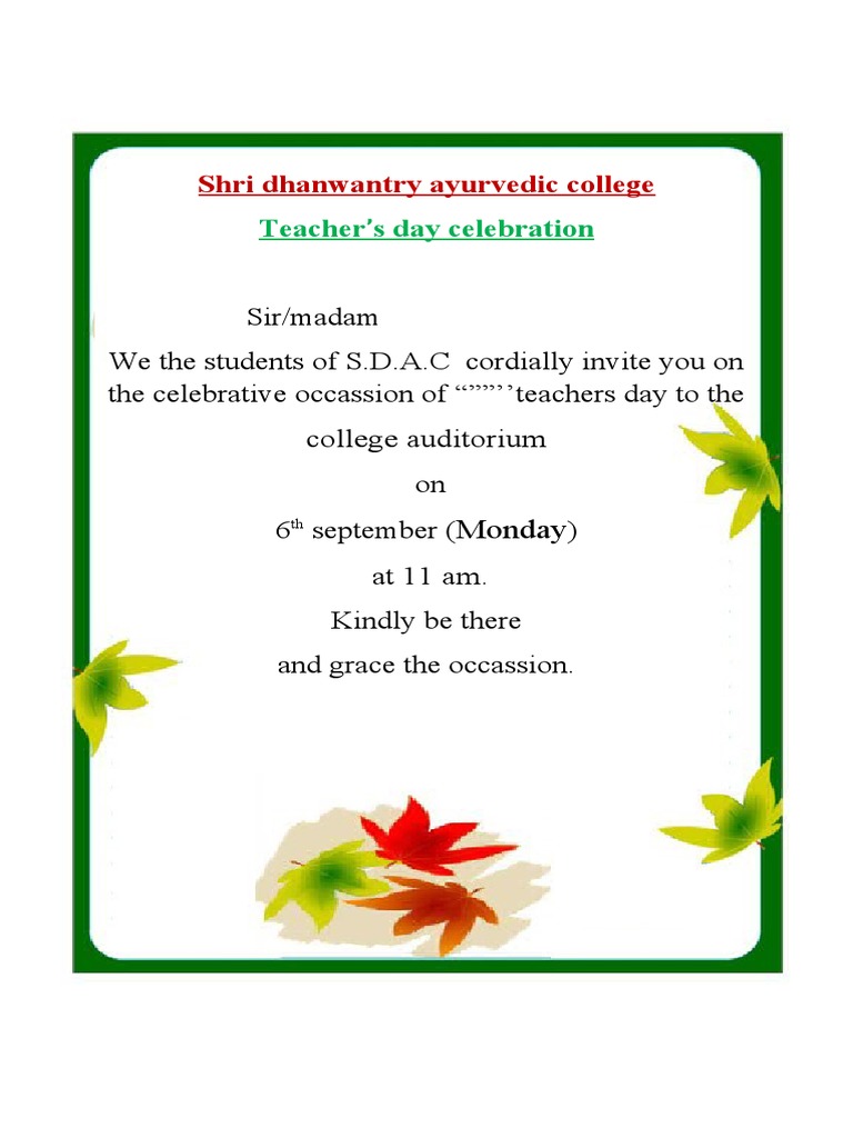 Shri Dhanwantry Ayurvedic College: Teacher ' S Day Celebration | PDF