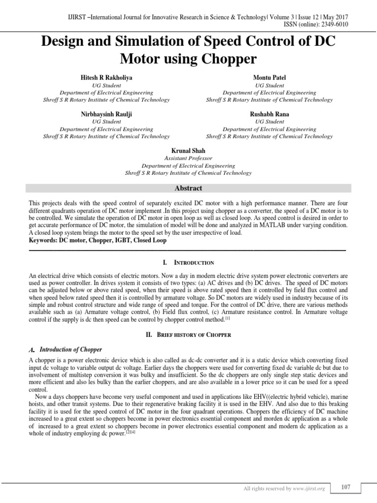 Design and Simulation of Speed Control of DC Motor Using Chopper PDF