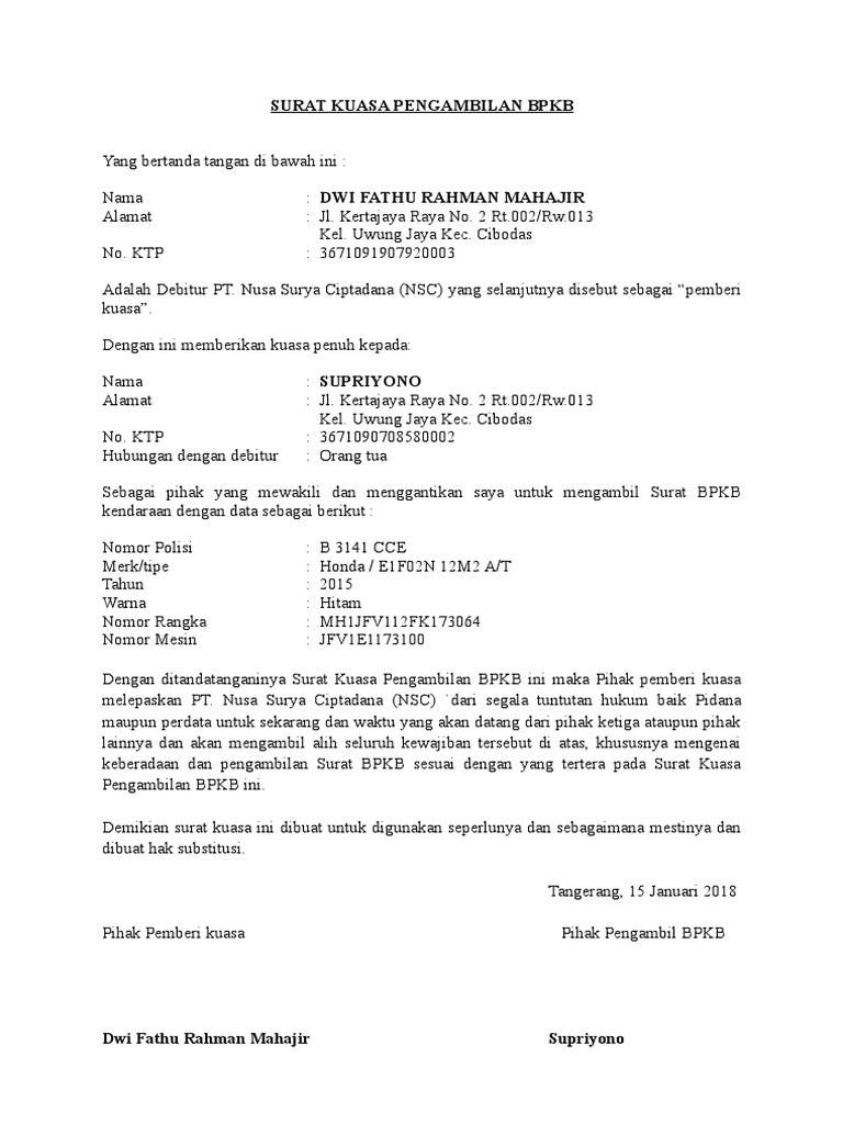 Becoming Phill Contoh Surat Kuasa Pengambilan Bpkb Motor