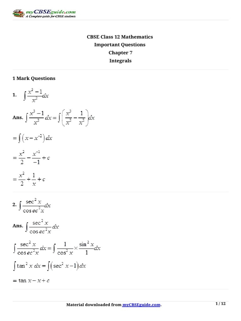 Class 12 Integrals Important Questions | PDF