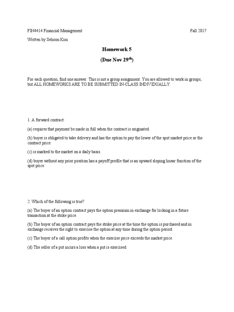 Finance Students' Homework Guide | PDF | Call Option | Option (Finance)