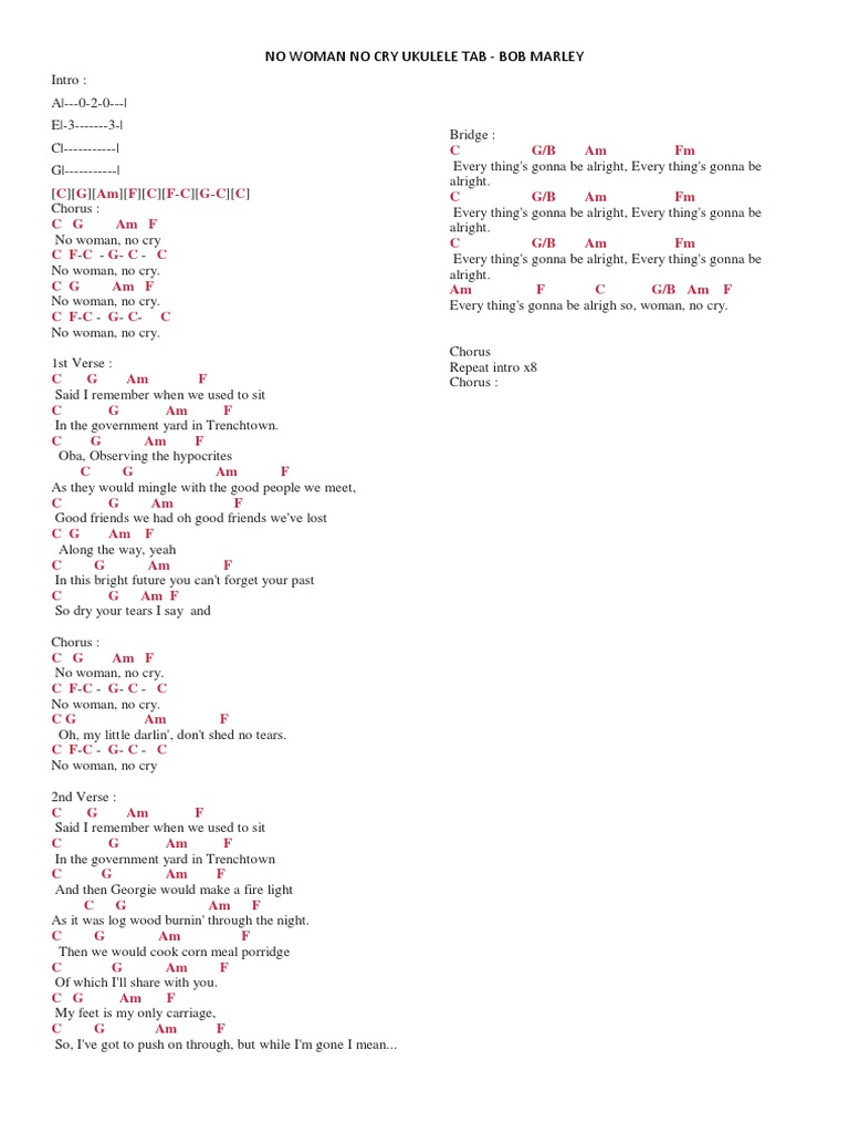No Woman No Cry Ukulele Tab Bob Marley Songs Musical Compositions