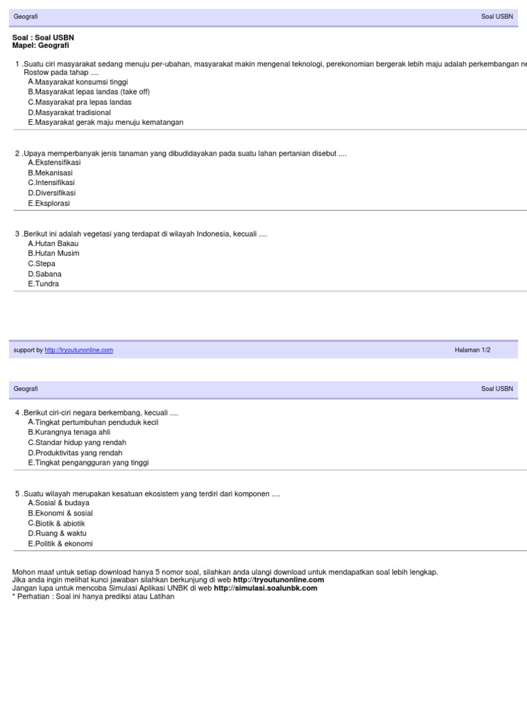 Soal Usbn Geografi Sma 2018