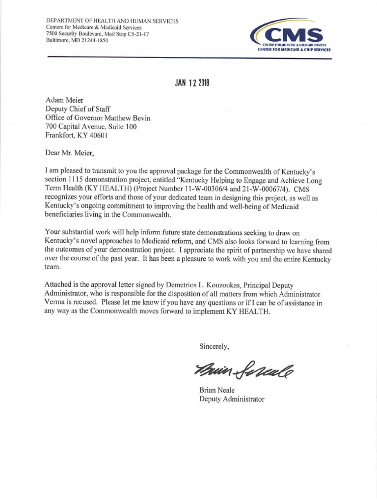 CMS Memo and Approval of Kentucky 1115 waiver Medicaid Insurance