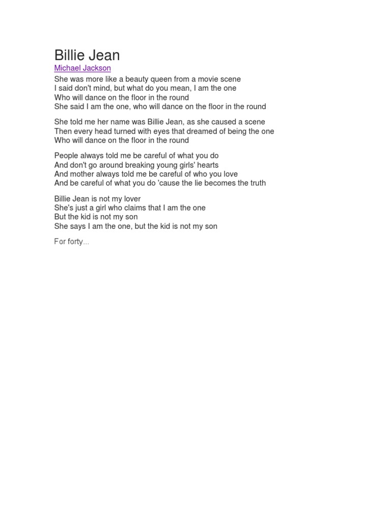 Billie Jean Lyric Michael Jackson Dance Pop