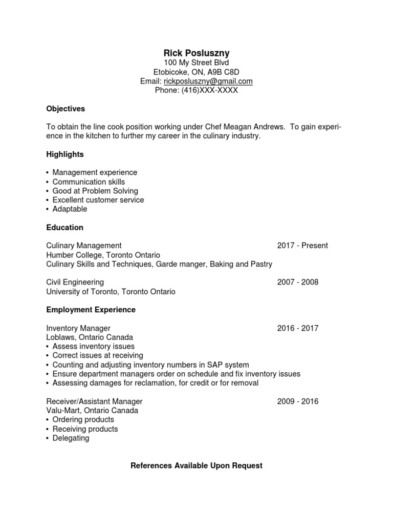 Line Cook Position Objective - Rick Posluszny | PDF