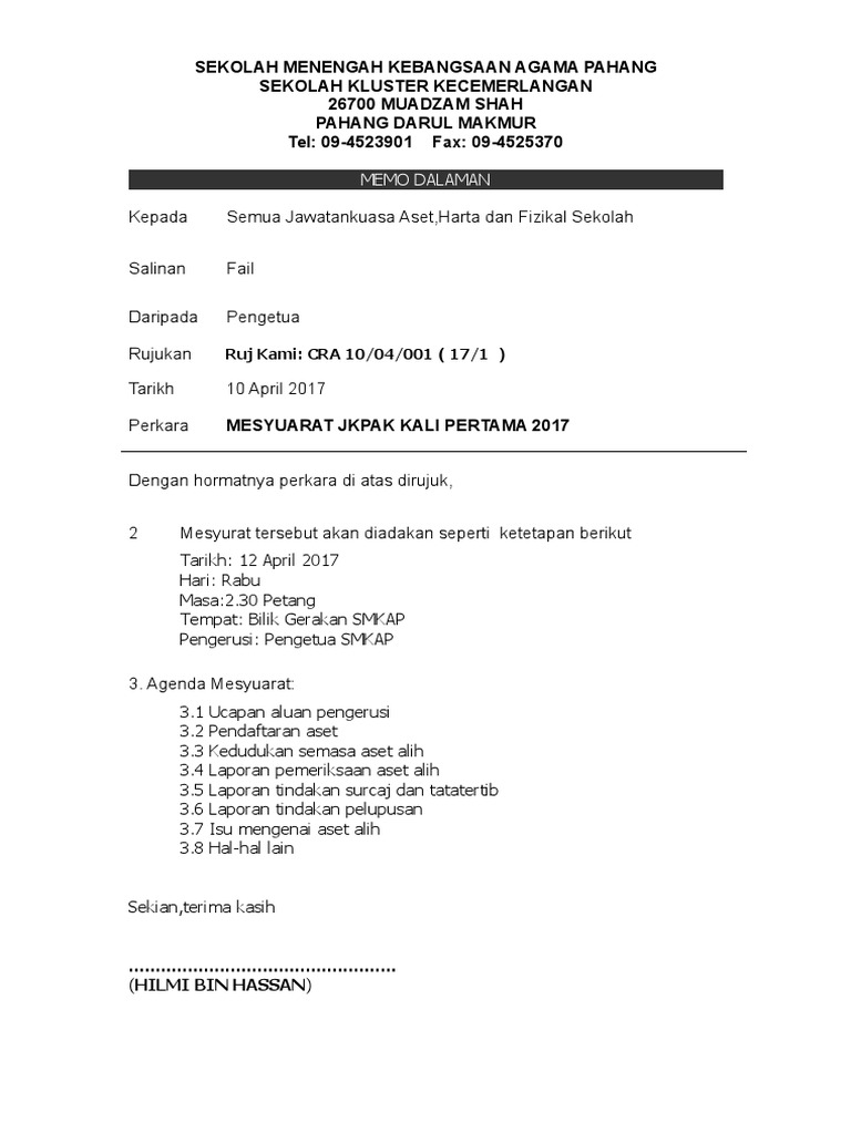 Memo Panggilan Aset 1 2017 Pdf