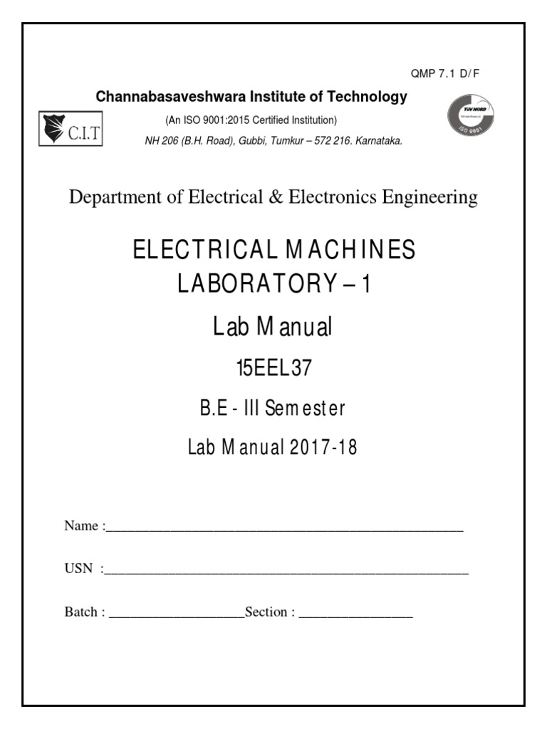 Electrical Machine Lab Manual | PDF | Transformer | Electric Motor