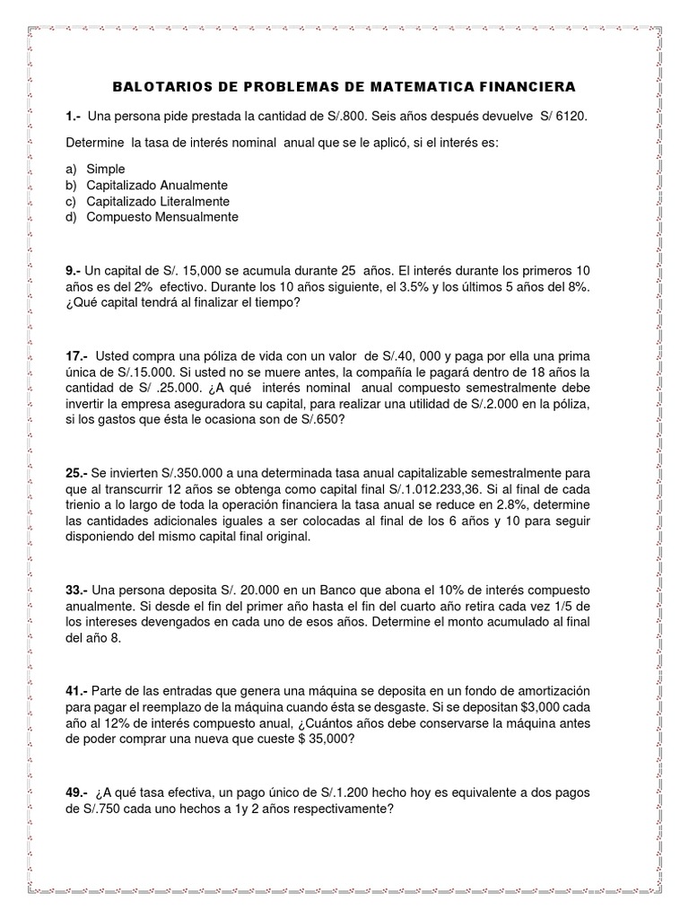 Problemas de Matemática Financiera | PDF | Finanzas Matemáticas | Interés
