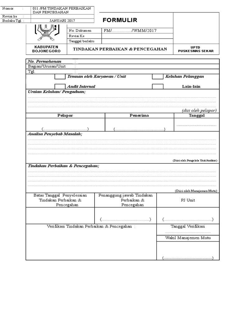 011 - Form Tindakan Perbaikan & Pencegahan | PDF | Pengelolaan Keuangan ...