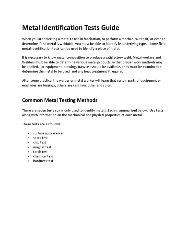 Metal Identification Testing Methods | PDF | Hardness | Steel