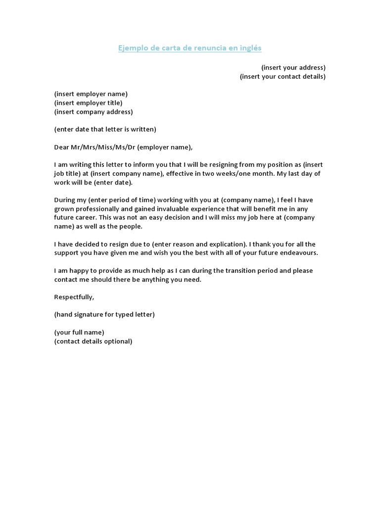 Ejemplo de Carta de Renuncia en Ingles  PDF